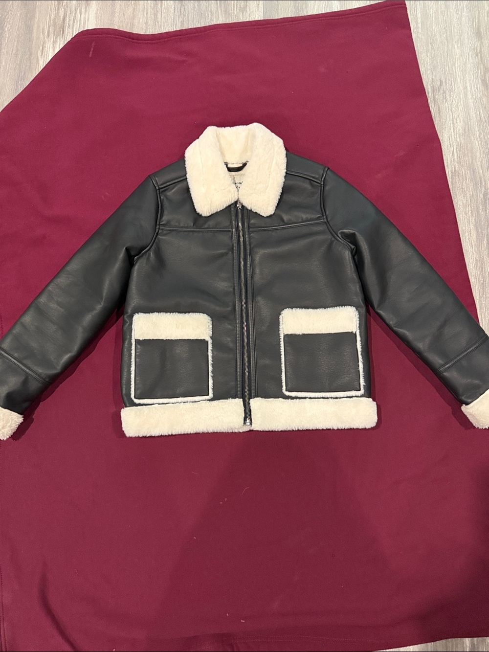 abercrombie kids Black Faux Leather Aviator Jacket with Cream Shearling